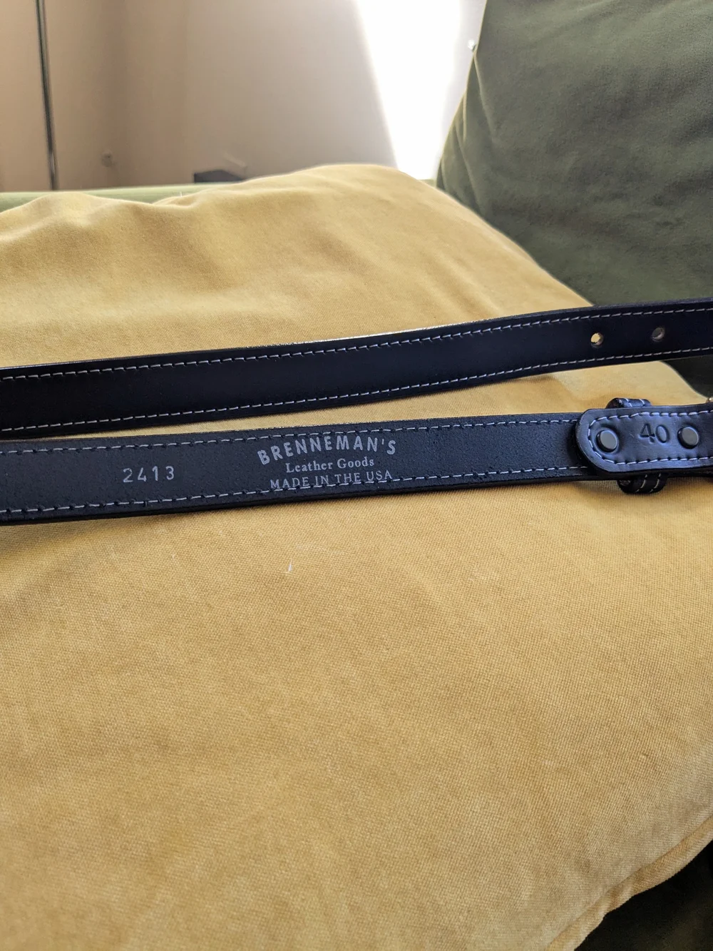Black Leather Belt with Contrast Stitching from Brenneman's Leather Goods